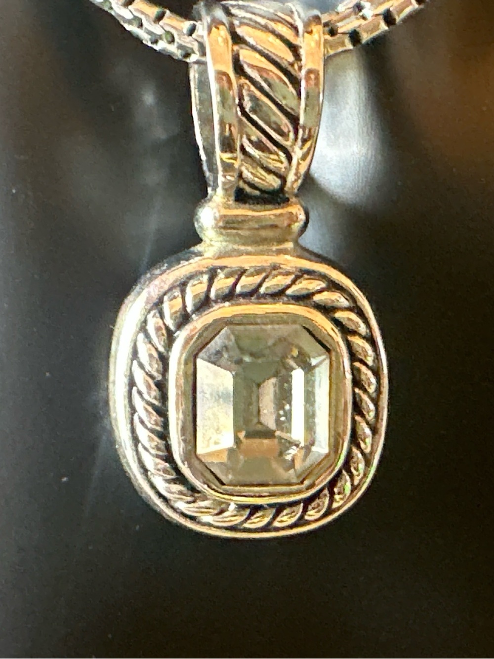 Sterling Silver Clear Crystal Pendant Necklace - Classic Rope Bezel